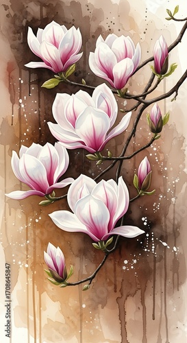 Watercolor Painting of Elegant Magnolia Flowers on Branches Spring Blossom Floral Art