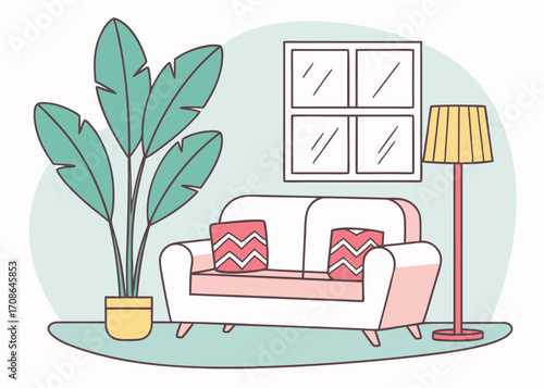 Cozy Living Room Interior with Plant Couch Lamp and Window in Pastel Colors illustration