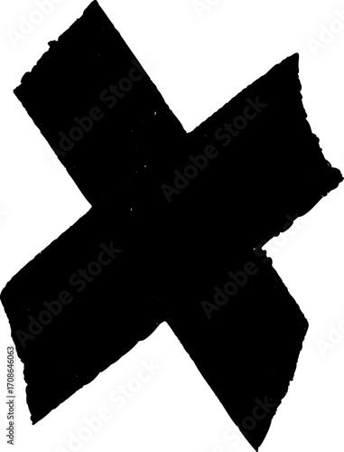 Bold grunge X cross created with rough brush strokes. Black textured handmade symbol for design, correction mark, graffiti, and abstract decoration