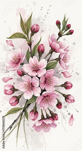 Watercolor Painting of Pink Cherry Blossom Branches with Delicate Falling Petals and Leaves