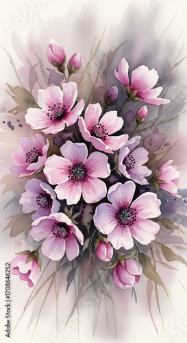 Watercolor Painting of Pink Cosmos Flowers Bouquet Spring Floral Arrangement Botanical Art