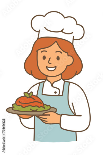 Smiling female chef holding tray with dish