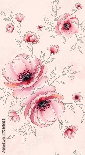 Watercolor Pink Flowers Illustration Delicate Floral Design Spring Blossom Elegant Botanical Art