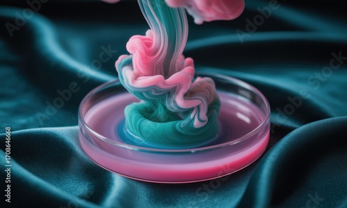 Abstract swirling liquid colors in a petri dish on a teal fabric