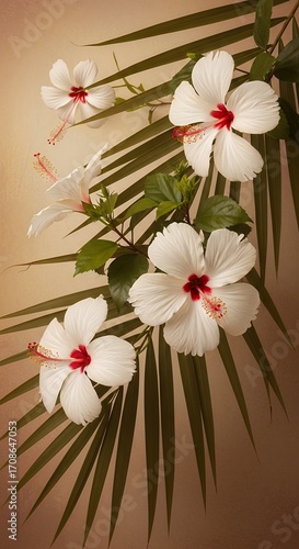 White Hibiscus Flowers with Palm Leaves Tropical Beauty Exotic Floral Arrangement Summer Theme