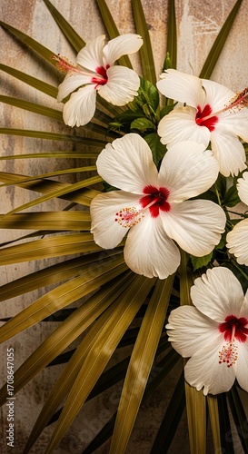 White Hibiscus Flowers with Palm Fronds Tropical Beauty Exotic Floral Arrangement Summer Vibes