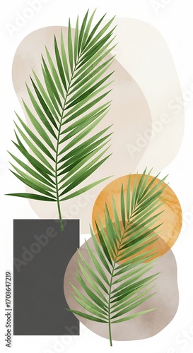 Abstract Botanical Illustration with Palm Leaves and Geometric Shapes Modern Art Design