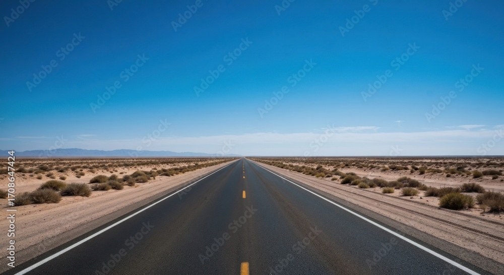 Fototapeta premium Straight road stretches into a vast, desert landscape under a clear blue sky