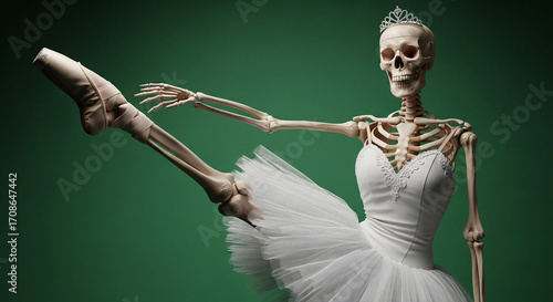 halloween: Skeleton ballerina in white tutu and tiara on green background, spooky, elegant, dance, costume, creative concept, s...