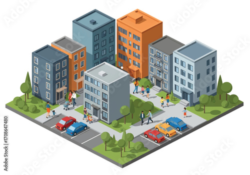 Squared 3D isometric view of modern apartment buildings with colorful facades, courtyard greenery, parking area, and people walking, urban housing, community living, and residential real estate