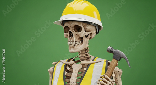 halloween: Humorous skeleton construction worker with yellow hard hat and safety vest holding hammer against green background, ...