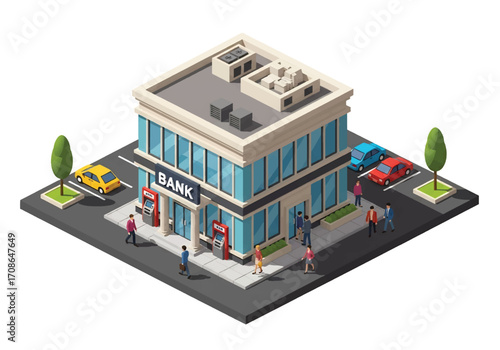 Squared 3D isometric view of a modern bank building with ATMs, customers, cars, and staff, representing finance, savings, investment, money management, financial services, and secure banking operation