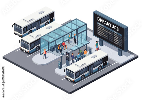 Squared 3D isometric view of a modern bus station with multiple buses, passengers, waiting areas, and departure boards, symbolizing public transport, travel, commuting, and urban connectivity