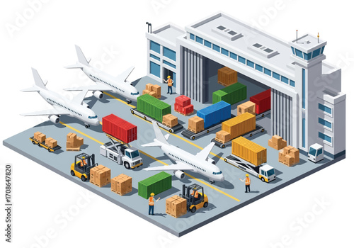 Squared 3D isometric view of an air cargo terminal with airplanes, containers, forklifts, and workers, representing global logistics, freight handling, air transport, supply chain