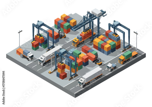 Squared 3D isometric view of a busy cargo port with shipping containers, cranes, trucks, and a cargo ship, symbolizing global trade, logistics, transportation, supply chain, and international shipping