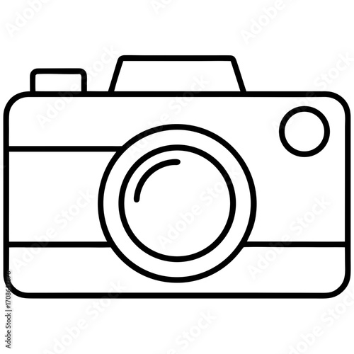 Minimal flat vector camera icon, simple geometric shape, gray and black, isolated on white, editable stroke