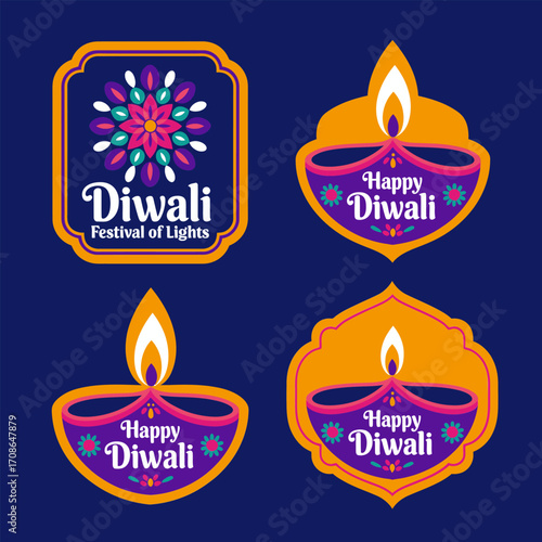 Diwali festival of lights labels, elegant diya icons, ornamental frames, blue background set, celebratory sticker bundle, vector