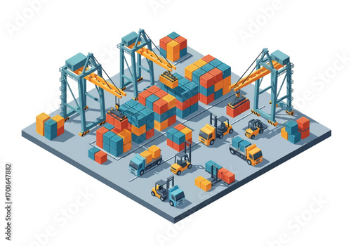 Squared 3D isometric view of a busy cargo port with shipping containers, cranes, trucks, and a cargo ship, symbolizing global trade, logistics, transportation, supply chain, and international shipping