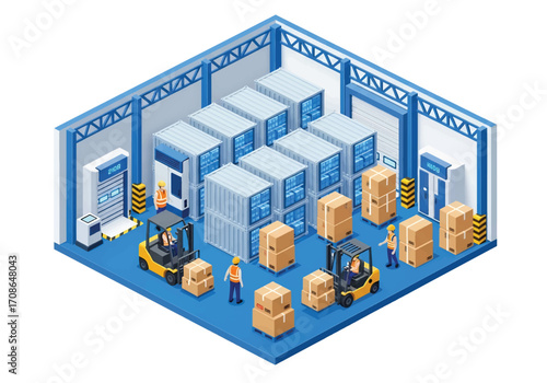 Squared 3D isometric view of a cold storage warehouse with workers and forklifts handling frozen goods in refrigerated containers, representing logistics, supply chain, food preservation