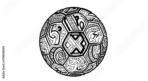Illustration of a soccer ball with tribal patterns, a fusion of sport and art