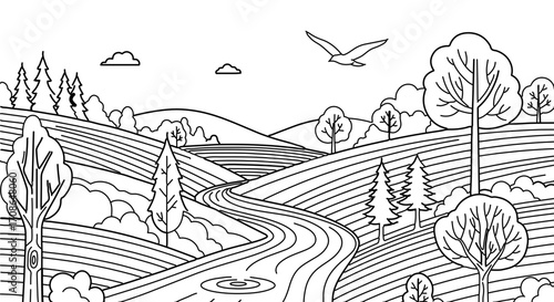 Scenic landscape illustration with rolling hills, river, trees, and bird flying