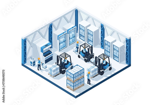 Squared 3D isometric view of a cold storage warehouse with workers and forklifts handling frozen goods in refrigerated containers, representing logistics, supply chain, food preservation
