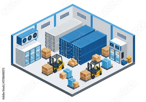 Squared 3D isometric view of a cold storage warehouse with workers and forklifts handling frozen goods in refrigerated containers, representing logistics, supply chain, food preservation
