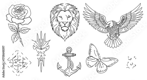 Collection of various tattoo designs, including a rose, lion, eagle, and anchor