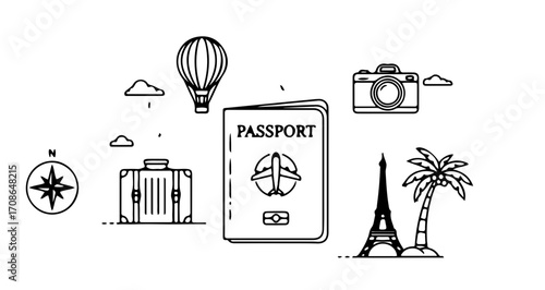 Line art illustration of travel icons, representing different travel destinations