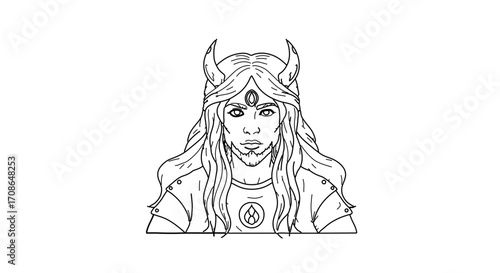 Hand drawn portrait of a woman with horns and long hair