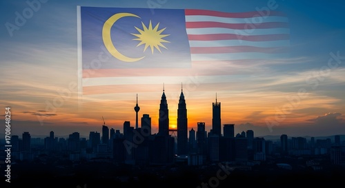 Malaysia flag over Kuala Lumpur skyline at sunset.