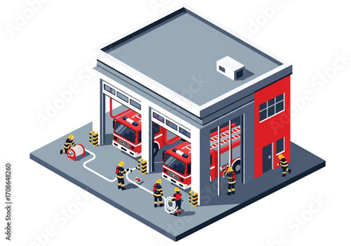 Squared 3D isometric view of a fire station with fire trucks and firefighters preparing hoses, symbolizing emergency services, rescue operations, fire safety, teamwork, and community protection