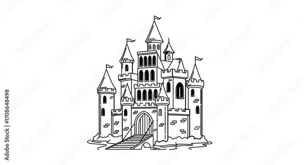 Fototapeta premium Illustration of a fairytale castle with towers, flags, and a drawbridge