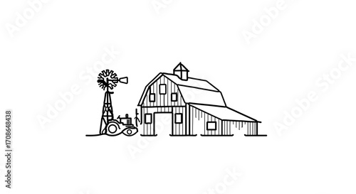 Illustration of a farm with a barn, tractor, and windmill, a rural scene