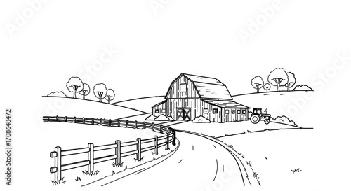 Rural landscape with barn, fence, road, and tractor, peaceful country scene