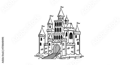 Illustration of a fairytale castle with towers, flags, and a drawbridge