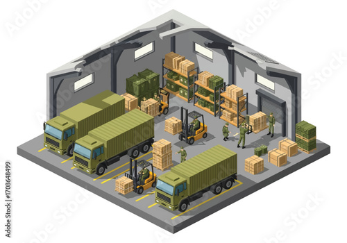Squared 3D isometric view of a military warehouse with soldiers, forklifts, trucks, and stacked cargo crates, representing defense logistics, supply chain, storage, and equipment distribution