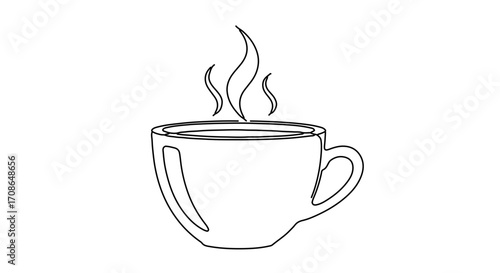 Steaming cup of coffee or tea in black and white, perfect for coloring books