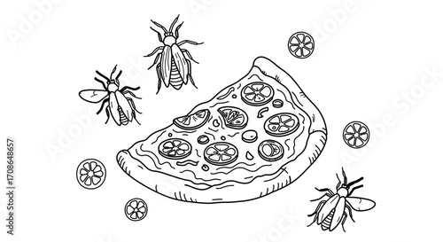 A slice of pizza surrounded by flies and lemon slices, a hand drawn illustration