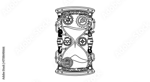 Steampunk hourglass with gears and pipes, a hand drawn illustration