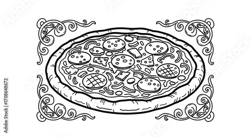 Delicious pizza with pepperoni and vegetables, perfect for coloring book page