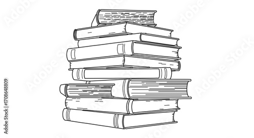 Line art illustration of a stack of books, showcasing various sizes and shapes