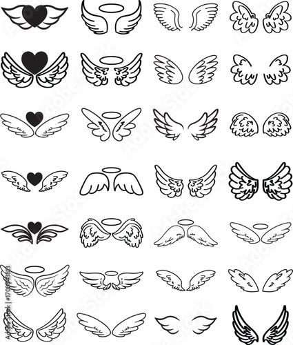 Set of black wings icons on a transparent background. Angel wings icon vector set. Eagle, bird, heraldic, flying, falcon, phoenix, hawk logo. Wings badges. Collection wings badges.
