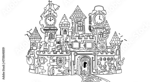 Steampunk castle with clock towers, a whimsical and imaginative architectural design