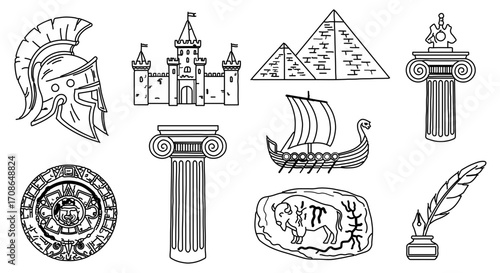 Collection of historical elements, showcasing ancient civilizations and their artifacts