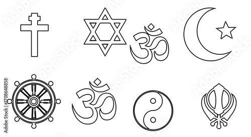 World religions symbols, including christianity, judaism, islam, buddhism, and hinduism
