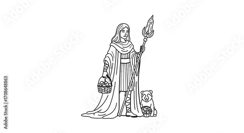 Goddess ostara with a basket of eggs and a torch, symbol of spring equinox