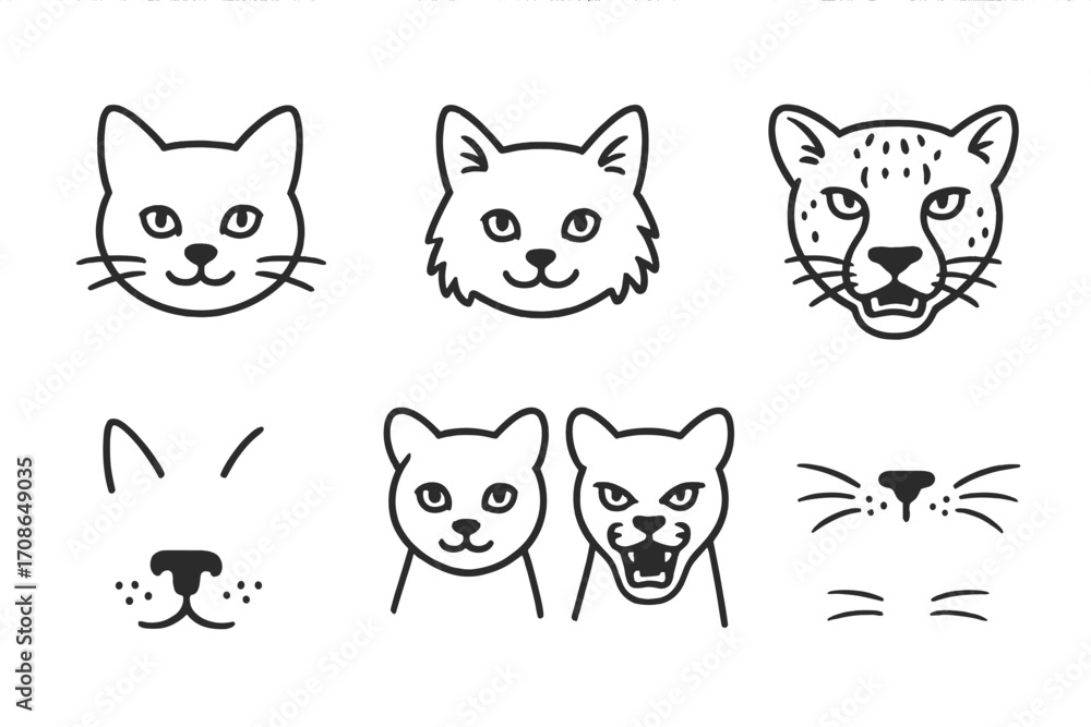 Fototapeta premium Cat Icon Contrasts. Line style icons of domestic and wild cat contrast: house cat, panther, domestic kitten, wild cheetah; pet cat