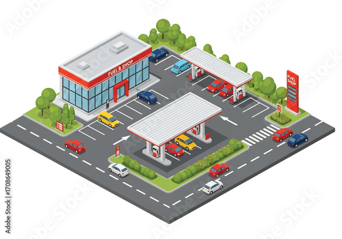 Squared 3D isometric view of a modern gas station with cars refueling, convenience store, and road access, symbolizing travel, transportation, service industry, and urban infrastructure