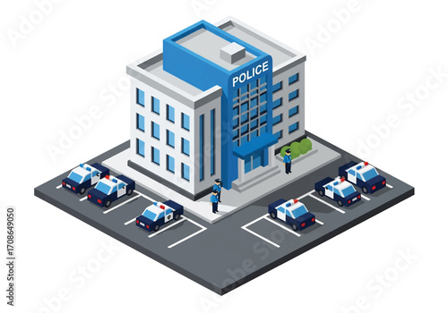 Squared 3D isometric view of a police station with officers and patrol cars outside, symbolizing law enforcement, public safety, security services, and community protection